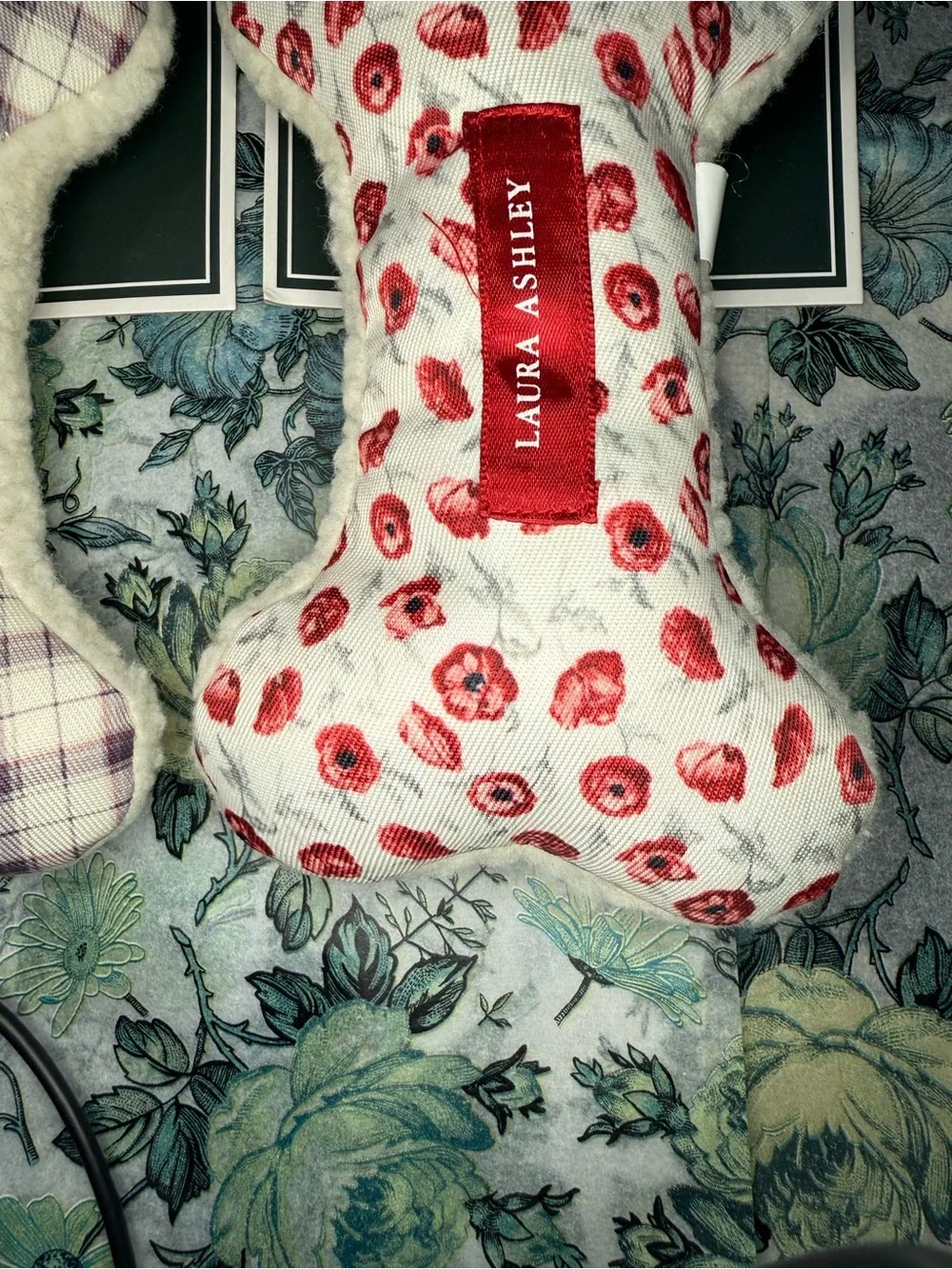 NWT Laura Ashley Plush Bone Squeaker Dog Toy Bundle Set of 2 Floral Plaid